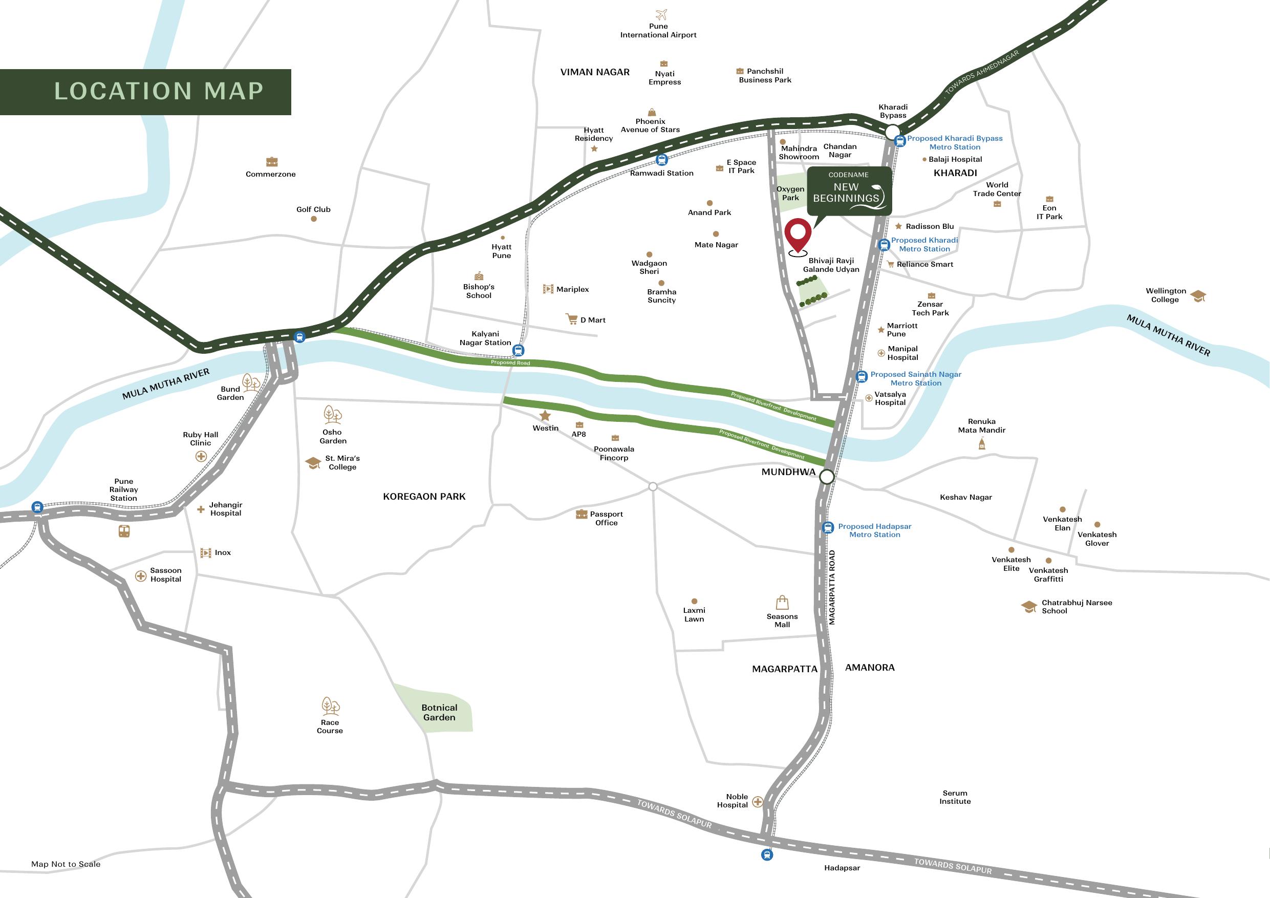 Location map of Codename New Beginnings showing proximity to Kharadi, Magarpatta, Viman Nagar and Koregaon Park
