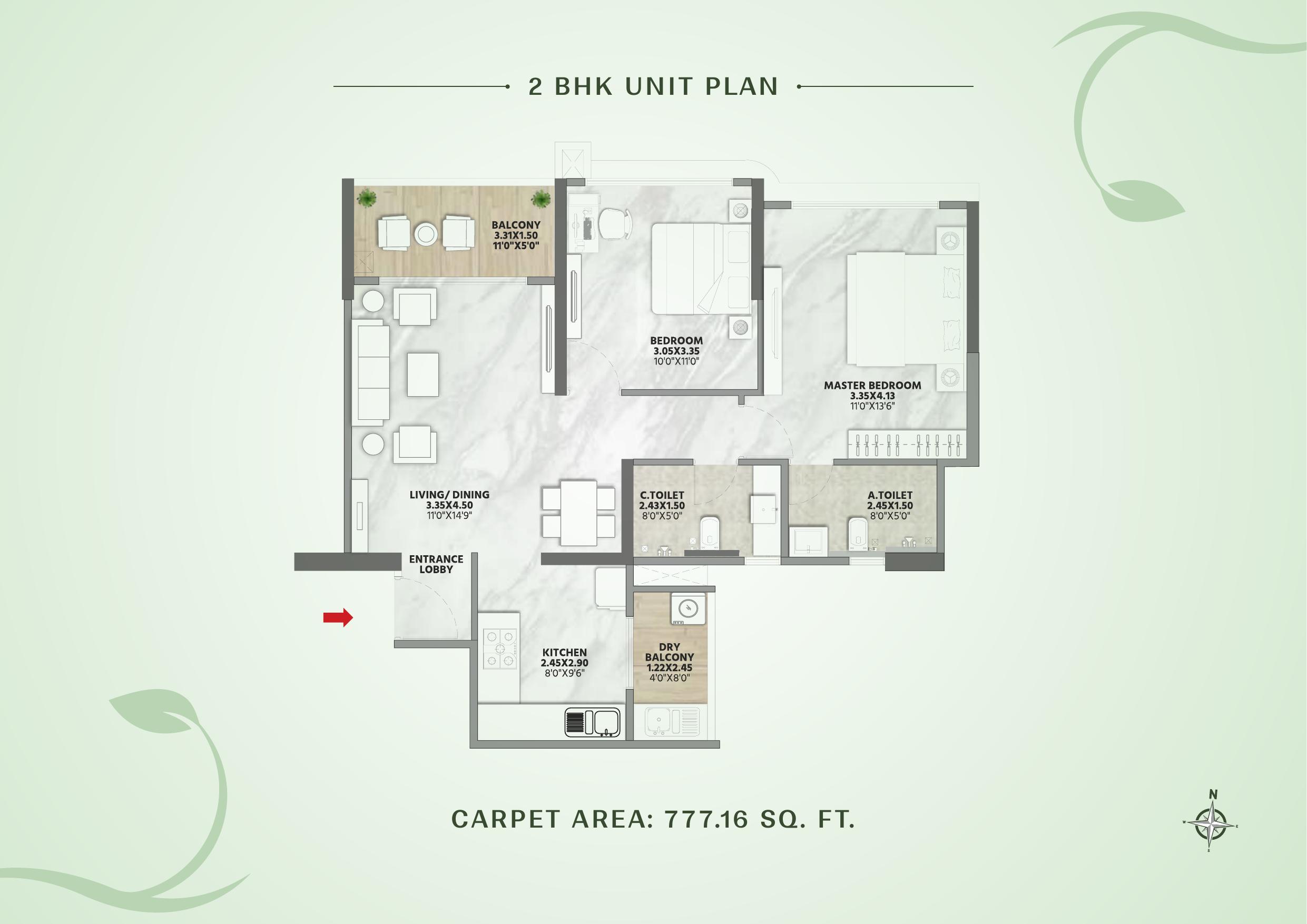 2 BHK apartment floor plan at Codename New Beginnings, Kharadi — carpet area 777.16 sq ft