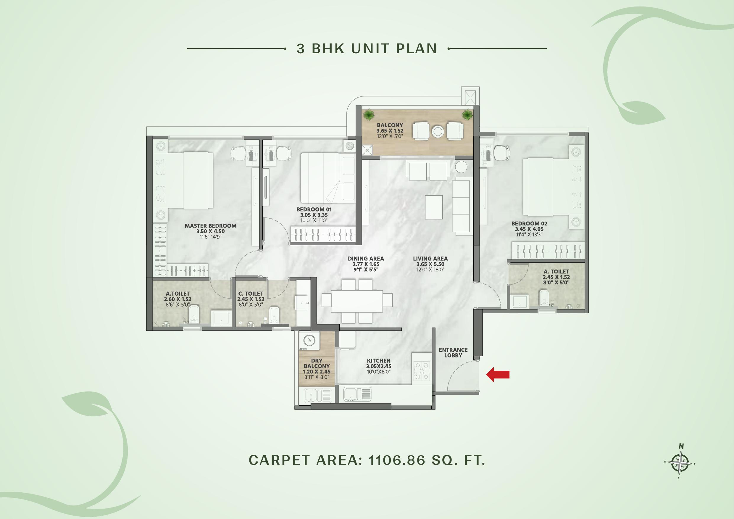 3 BHK apartment floor plan at Codename New Beginnings, Kharadi — carpet area 1106.86 sq ft