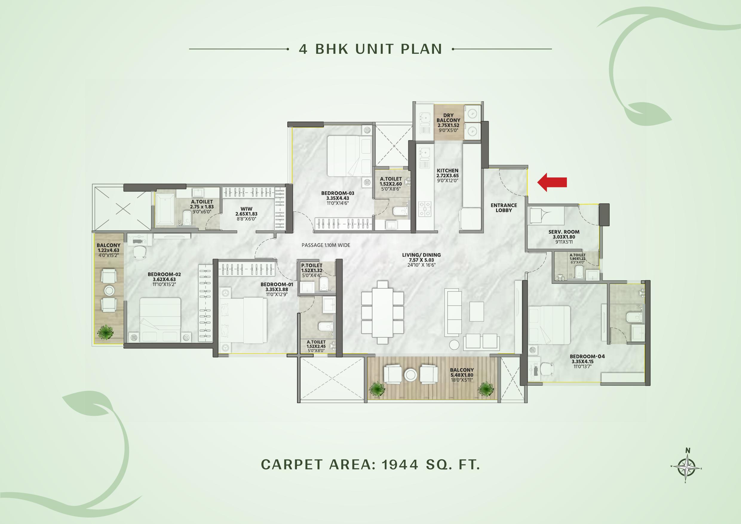 4 BHK apartment floor plan with servant room at Codename New Beginnings, Kharadi — carpet area 1944 sq ft